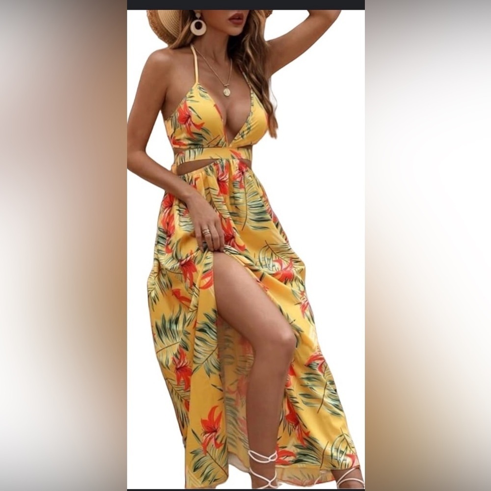 SHEIN Women's Summer Dress V Neck Tie Back Floral Maxi Overall Tropical Long